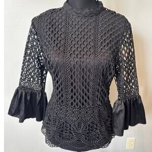 Dolce Cabo Knit Crochet Black Top Ruffle Bell Sleeve Minimalist Office Sz S